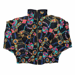 VTG LAVON 100% Silk Bomber Jacket Women’s L Black Multicolor 80s Statement